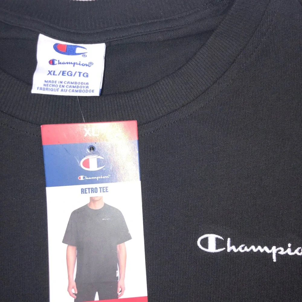 Champion Retro Tee Mens XL Black Short Sleeve Script Logo Crewneck T-Shirt NEW